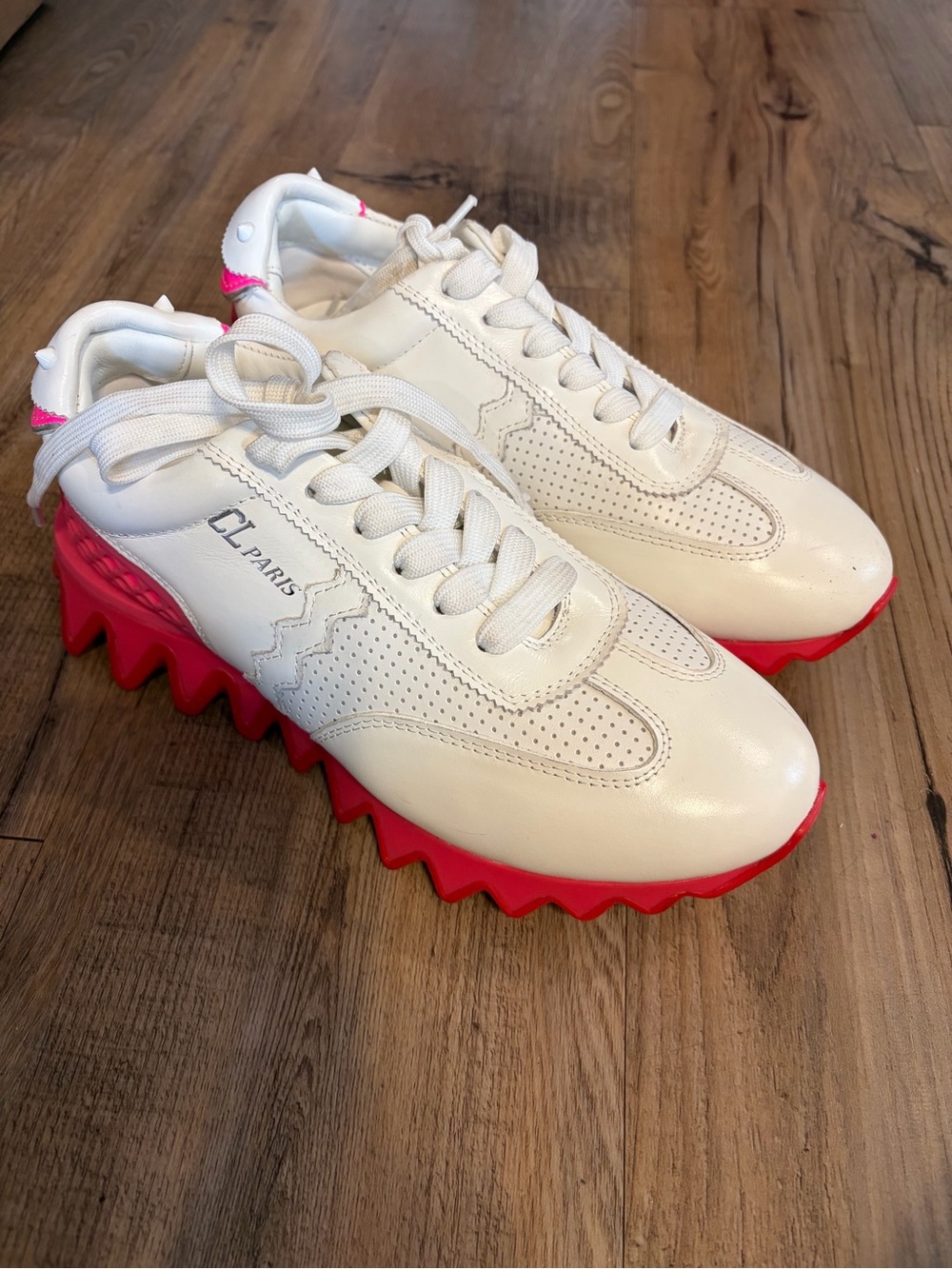 Christian Louboutin White Sneakers with Bright Pink Zigzag Sole
